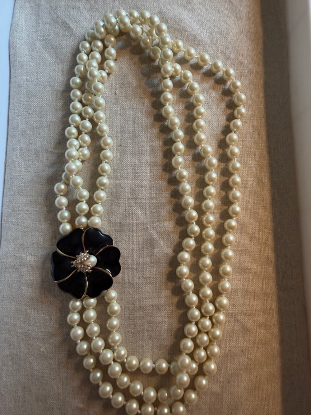Stella & Dot Classic Ivory Pearl Multi-Strand Necklace with Black Flower Accent
